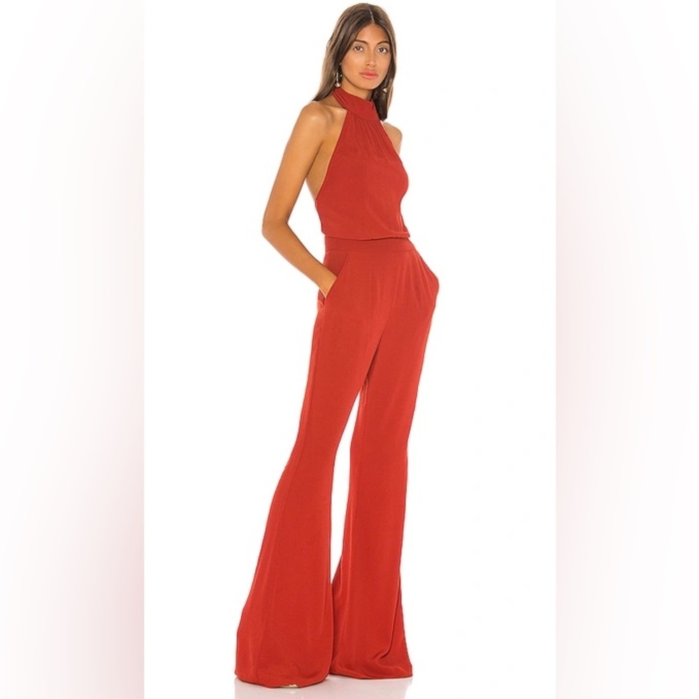 Revolve Flynn Skye Ava Red Halter Wide Leg Jumpsuit Size XS